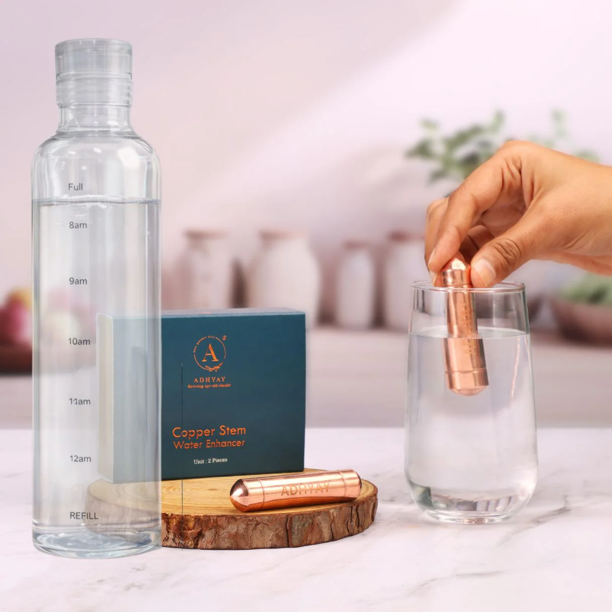Hydration Combo: 550 ml Glass Water Bottle + 2 Units of Copper Stems (1 Pack) - Image 3